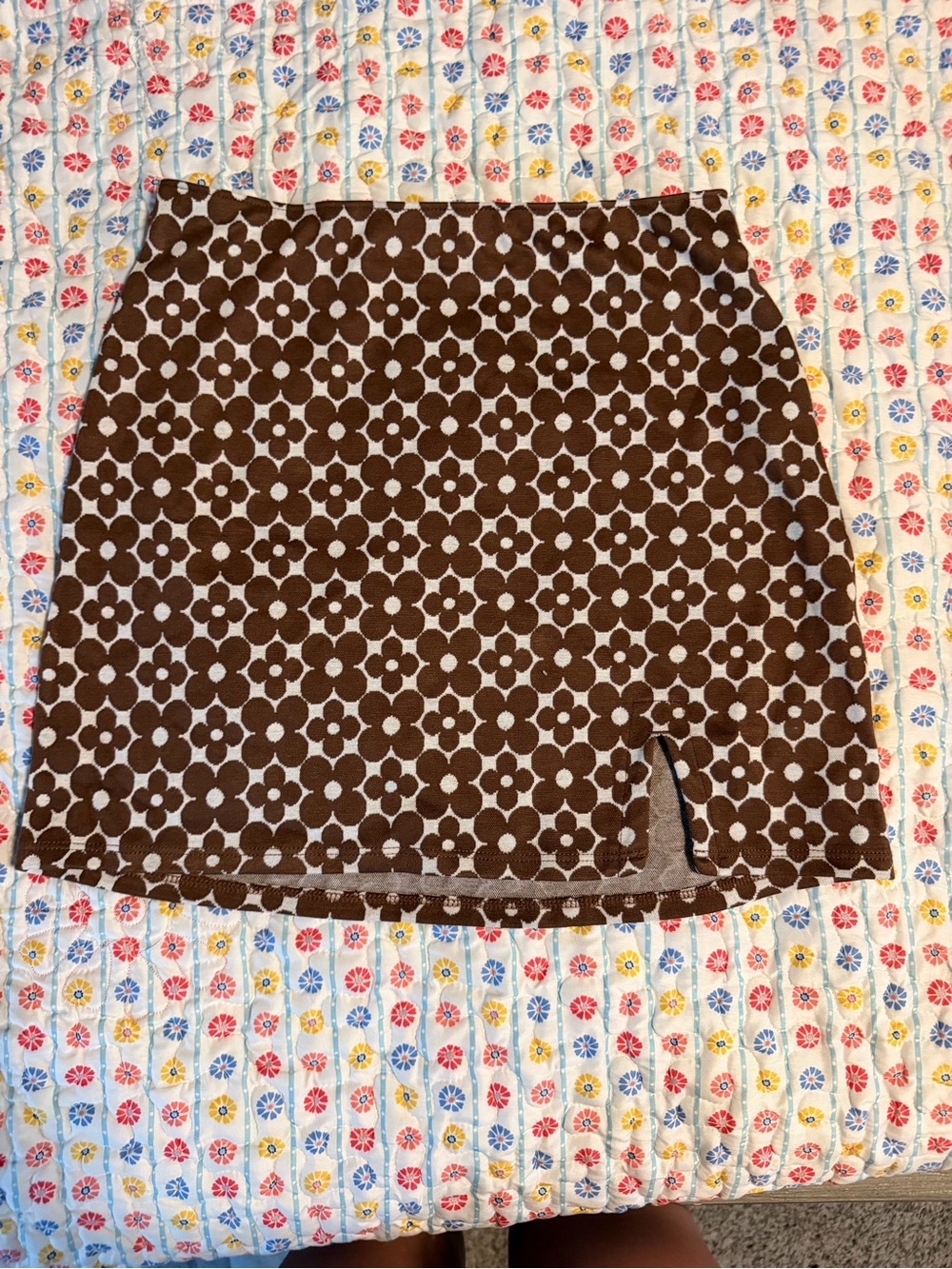 Hollister Brown and White Floral Dot Knit Mini Skirt